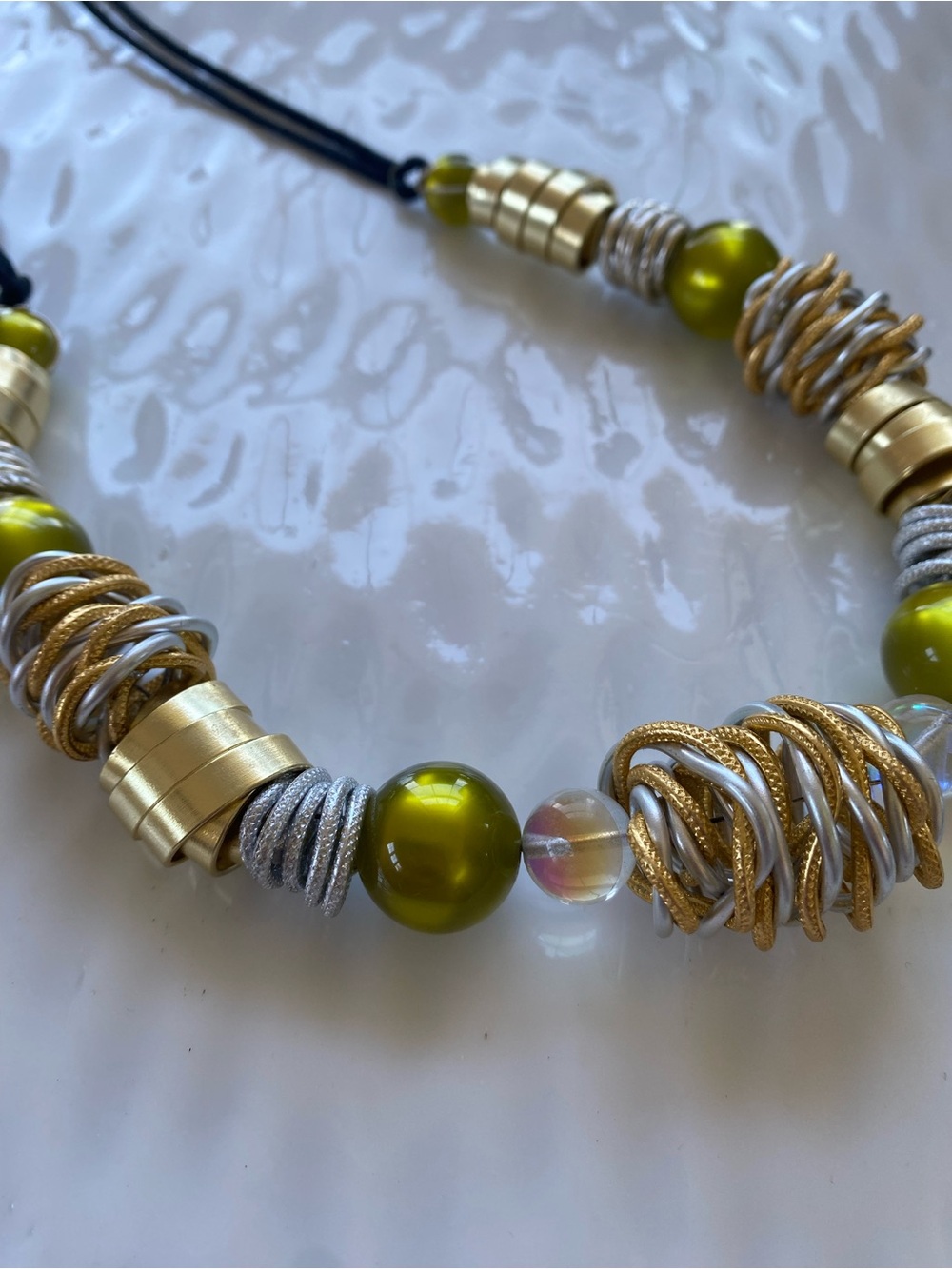 Olive Green and Gold Freestyle Statement Necklace - Picture 2 of 7